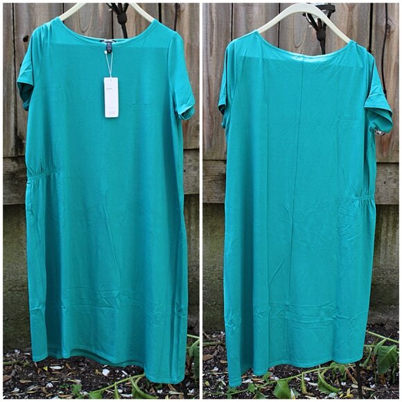 New w/Tags - Eileen Fisher - Asymmetric Hem Dress in Viscose Jersey, Turquoise S - Picture 10 of 12